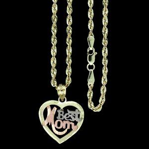 10K Real Gold Rope Chain and Best Mom Heart Pendant Set